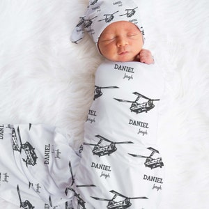 Personalized Chinook Helicopter Baby Boy Name Custom Swaddle Gift Idea For Baby Boy, Baby Gray Name Swaddle Blanket Photo Prop, Newborn Boy