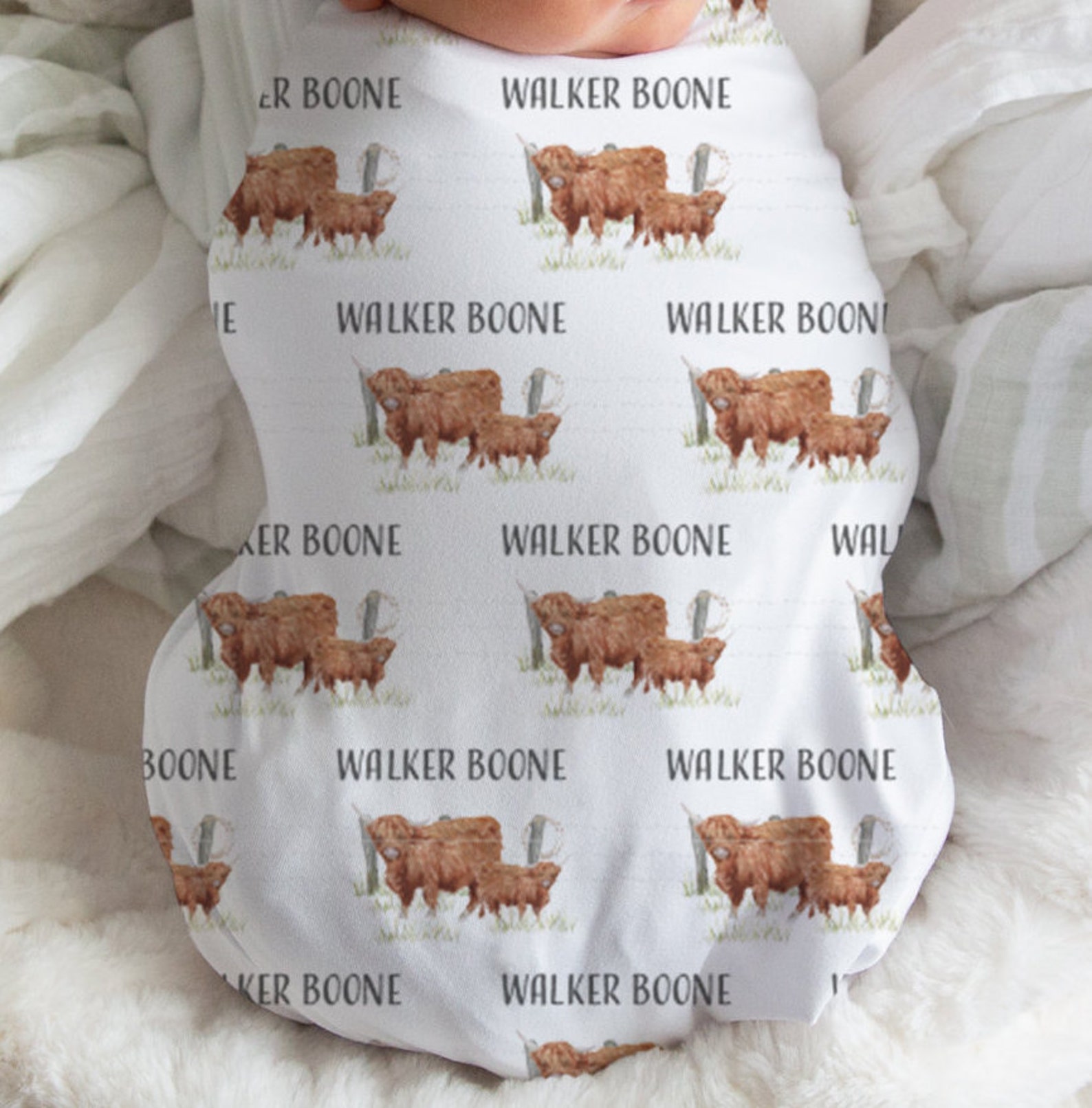 Personalized Highland Cow Baby Name Custom Swaddle Gift Idea Etsy