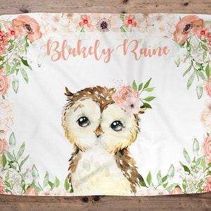 Personalized Baby Girl Blanket, Baby Blanket, Name Baby Blanket, Unique Baby Gift, Floral Baby, Owl Blanket, Blanket Girl, Pink, Girl, Peach