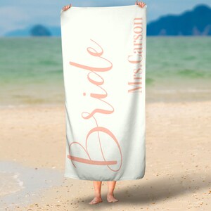 Personalized Bride Name Beach Towel, Mrs. Vacation Gift Idea, Summer Wedding, Maid of Honor, Bridesmaid Idea, Wife Towel, Her Marriage Gift