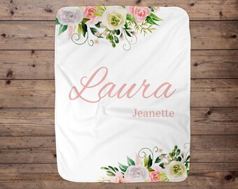 Personalized Pink Rose Floral Baby Girl Blanket, Baby Blanket, Name Baby Blanket, Rose Baby Gift Blanket, Blanket Girl, Floral, Pink Flowers