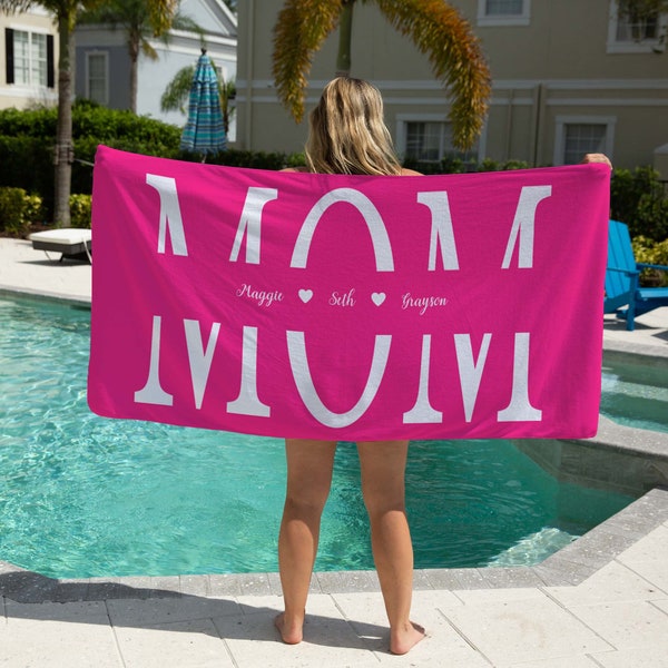 Personalized Hot Pink Mom And Kid Beach Towel, Mothers Day Towel, Mothers Day Gift, Summer Gift, Mothers Day Beach Ideas, Child Name Towel