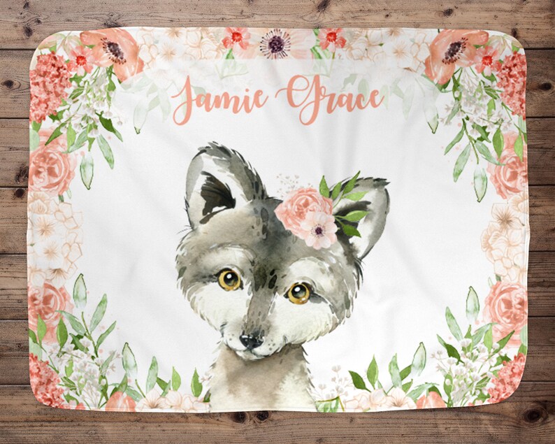 Name Baby Blanket Baby Girl Gift Girl Wolf Personalized Baby Girl Blanket Blanket Girl Baby Blanket Floral Baby Wolf Blanket Peach
