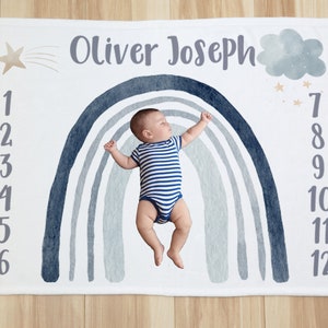 Custom Blue Rainbow With Stars Age Name Milestone Baby Blanket Photo Prop For Newborn, Rainbow Baby Baby Shower Gift Idea, Baby Gift Boy