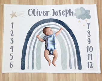 Custom Blue Rainbow With Stars Age Name Milestone Baby Blanket Photo Prop For Newborn, Rainbow Baby Baby Shower Gift Idea, Baby Gift Boy