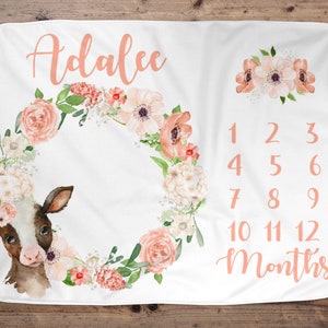 Cow Personalized Milestone Blanket, Baby Age Blanket, Name Baby Blanket, Flower Baby Gift, Rose Baby, Rose Blanket, Blanket Girl, Photo prop