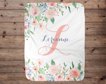 Custom Pink Flower Personalized Name Blanket, Toddler Blanket, Name Baby Blanket, Little Girl Gift, Pink Floral Initial Name Blanket Gift