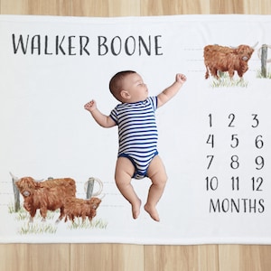 Customized Highland Cow Milestone Blanket With Name Personalization, Personalized Baby Highland Cattle Age Blanket Gift Idea For Cow Lover