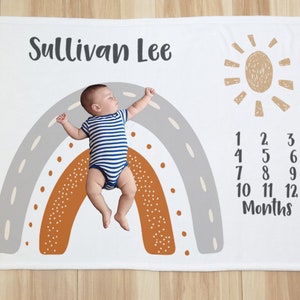 Custom Boho Orange Rainbow With Sun Age Name Milestone Baby Blanket Photo Prop, Rainbow Baby Baby Shower Gift Idea, Orange Gray Baby Gift