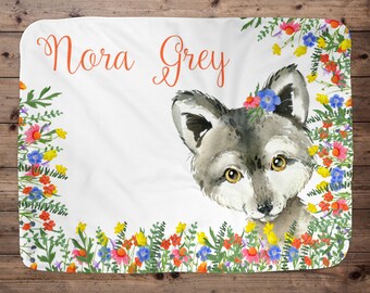 Wolf Personalized Baby Girl Blanket, Baby Blanket, Name Baby Blanket, Baby Girl Gift, Floral Baby, Wolf Blanket, Blanket Girl, Wildflower