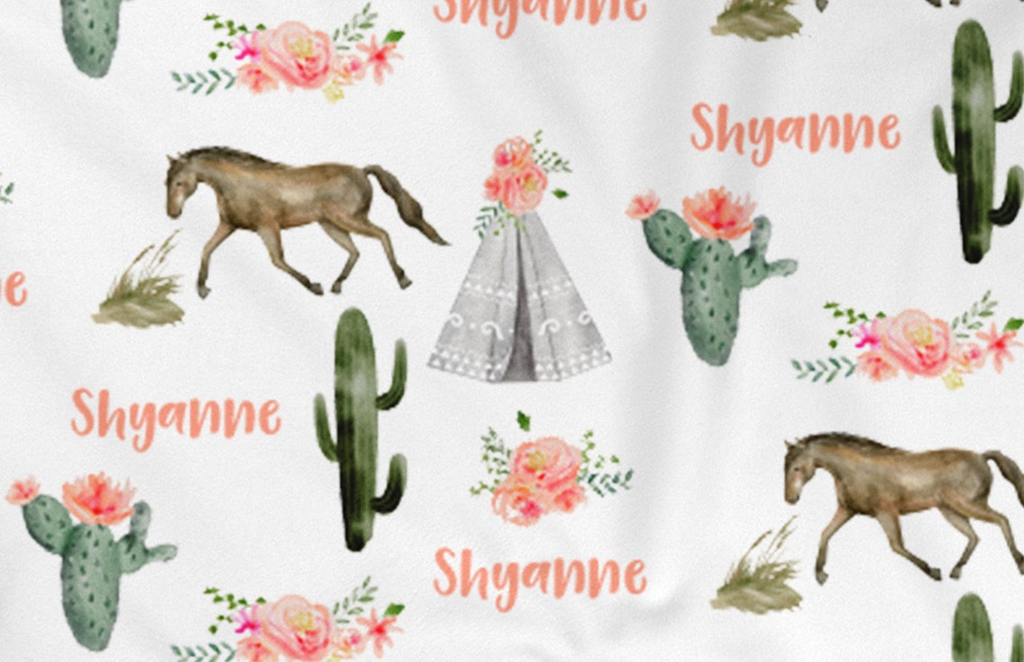 Western Floral Cactus Horse Personalized Girl Name Blanket Etsy