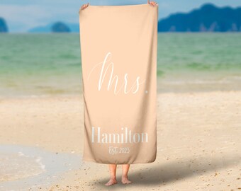 Personalized New Bride Name Beach Towel, Mrs. Beach Towel Gift Idea, Summer Wedding Gift, Summer Bride Gift, Beach Idea, Bride Name Towel