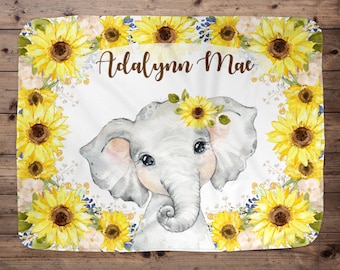 Elephant Personalized Baby Girl Blanket, Baby Blanket, Name Baby Blanket, Elephant Baby Gift, Zoo Blanket, Blanket Girl, Floral, Sunflower