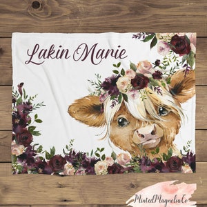 Highland Cow Personalized Baby Girl Blanket, Baby Blanket, Name Baby Blanket, Baby Gift, Baby, Highland Cow Blanket, Blanket Girl, Floral