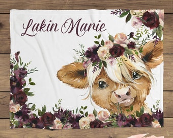 Highland Cow Personalized Baby Girl Blanket, Baby Blanket, Name Baby Blanket, Baby Gift, Baby, Highland Cow Blanket, Blanket Girl, Floral