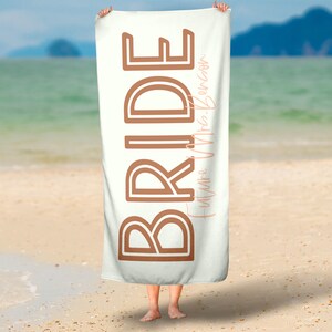 Personalized Bride Name Beach Towel, Custom Bridal Party Gift, Summer Wedding, Maid of Honor, Bridesmaid Idea, Wife Towel, Her Marriage Gift