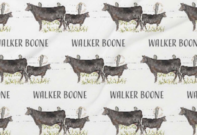 K&ouml;nnte beinhalten: Ein nahtloses Muster mit schwarzen K&uuml;hen und K&auml;lbern auf wei&szlig;em Hintergrund. Der Text "Walker Boone" wird im gesamten Muster wiederholt.