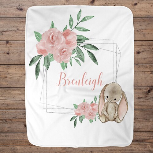 Bunny Rabbit Baby Girl Name Blanket Blush Pink Floral Roses Etsy