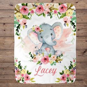 Elephant Personalized Blanket, Baby Blanket, Name Baby Blanket, Girl Baby Gift, Floral, Swaddle Blanket, Blanket Girl, Elephant, Pink, Minky