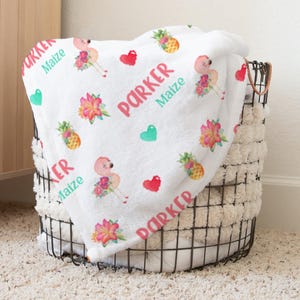 Personalized Girl Pink And Blue Flamingo Toddler Kid Name Blanket, Name Blanket, Girl Baby Gift, Flamingo Blanket, Blanket Girl Customized