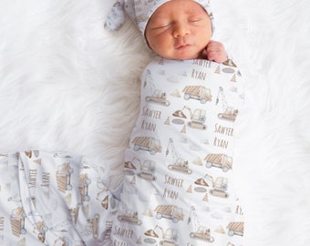 Personalized Construction Work Baby Name Custom Swaddle Gift Idea For Baby Boy, Newborn Baby Construction Zone Swaddle Blanket Photo Prop