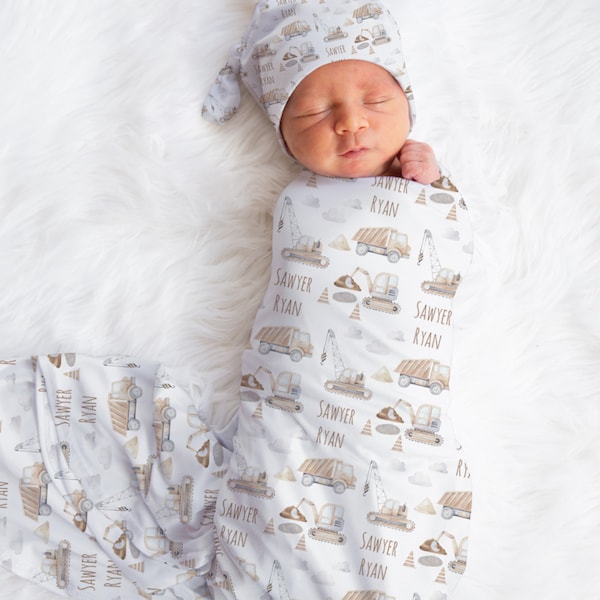 Personalized Construction Work Baby Name Custom Swaddle Gift Idea For Baby Boy, Newborn Baby Construction Zone Swaddle Blanket Photo Prop