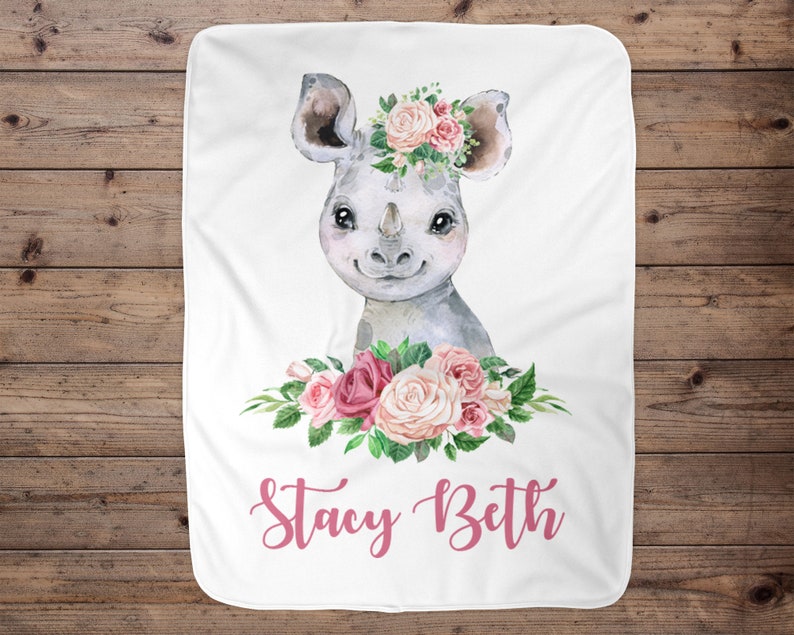 Rhino Personalized Baby Girl Blanket Baby Blanket Name Baby Etsy