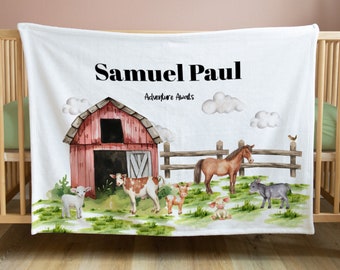 Personalized Farm Animal Baby Name Blanket, Name Baby Blanket, Farmer Baby Gift, Farm Blanket, Horse Blanket, Baby Shower Gift For Baby Boy