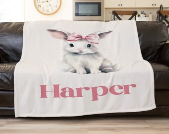 Personalized Pink Bow Bunny Blanket Gift, Pink Rabbit Easter Basket Gift, Easter Baby Gift Idea, Pink Girl Personalized White Bunny Blanket