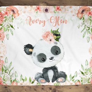 Customized Pink Floral Little Panda Blanket For Girl, Little Girl Panda Blanket, Panda Lover Gift Idea, Panda Bedroom Decor For Children
