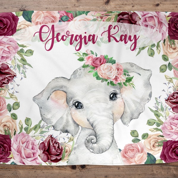 Elephant Personalized Baby Girl Blanket, Baby Blanket, Name Baby Blanket, Elephant Baby Gift, Animal Blanket, Blanket Girl, Floral, Burgandy