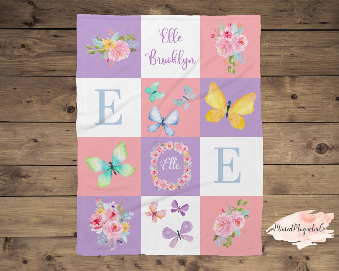 Butterfly Personalized Baby Blanket, Baby Blanket, Name Baby Blanket, Girl Baby Gift, Floral ...