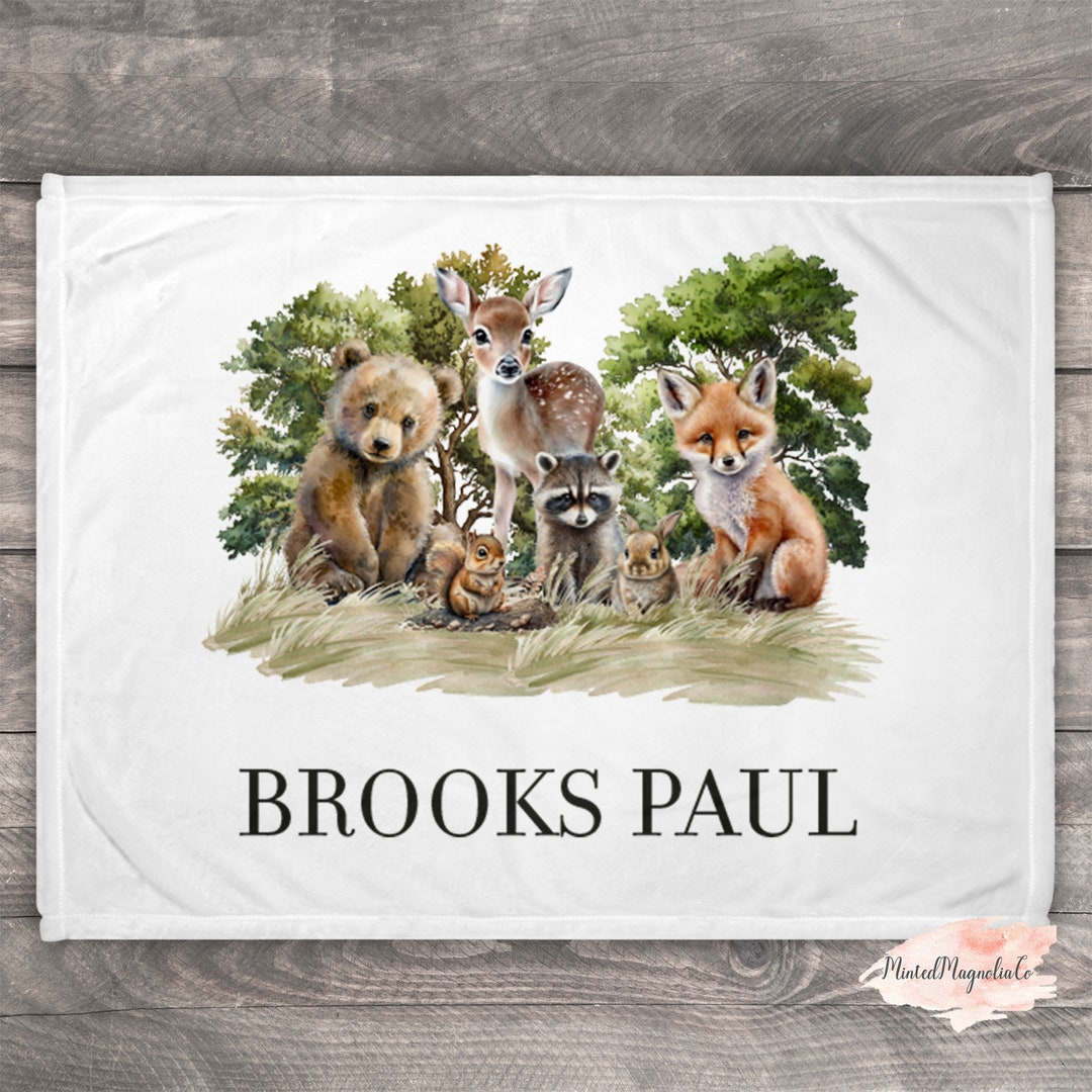 Custom Woodland Baby Blanket, Baby Blanket, Name Baby Blanket, Forest Animal Baby Gift, Minky