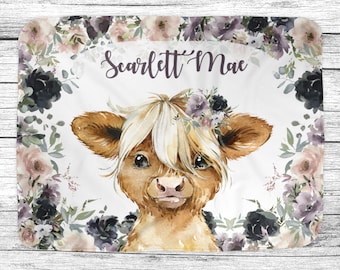 Highland Cow Fall Floral Personalized Baby Girl Name Blanket, Name Baby Blanket, Cow Baby Gift, Farm Baby, Cow Blanket, Blanket Girl, Floral
