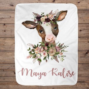 Cow Personalized Baby Girl Blanket, Baby Blanket, Name Baby Blanket,Cow Baby Gift, Farm Baby, Farm Blanket, Blanket Girl, Floral, Boho Cow