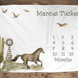 Custom Western Horse And Cactus Age Name Milestone Baby Blanket Photo Prop For Newborn, Western Wild Horse  Baby Shower Gift Idea, Baby Gift