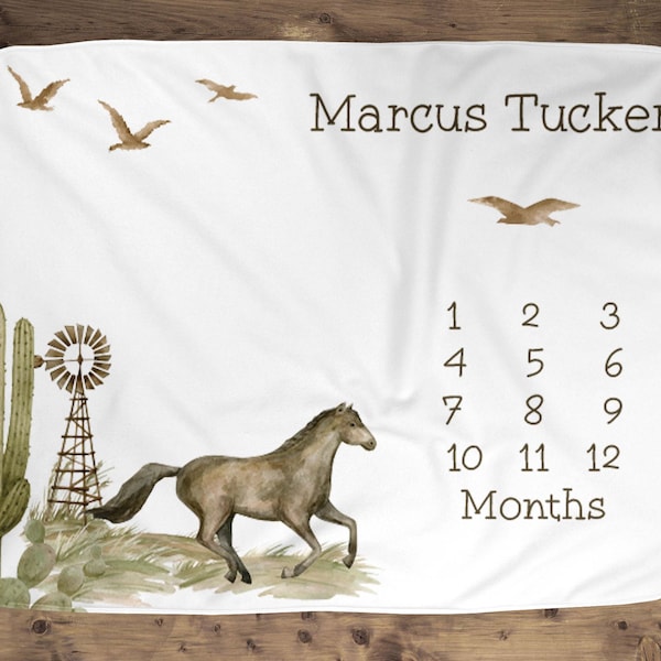 Custom Western Horse And Cactus Age Name Milestone Baby Blanket Photo Prop For Newborn, Western Wild Horse  Baby Shower Gift Idea, Baby Gift