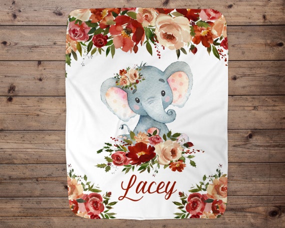 Custom Name Baby Blanket, Elephant Baby Blanket Girl, Elephant