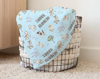 Personalized Farm Animal Name Baby Boy Blanket, Name Boy Blanket, Baby Gift, Blankets, Blanket Boy, Name, Boy Farm Animal Pattern Blanket