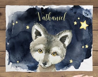 Personalized Wolf Starry Night Sky Name Baby Blanket Gift Idea, Woodland Wolf Star blanket, Goodnight Baby Boy Wolf Night Sky Blanket Cuddle