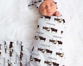 Personalized Hereford Cattle Baby Name Custom Swaddle Gift Idea For Baby Boy, Newborn Baby Hereford Cattle Swaddle Blanket Photo Prop, Cow