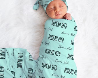 Personalized Baby Boy Custom Blue Name Swaddle And Headband For Newborn Baby, Gender Neutral Blue Newborn Baby Photo Prop, Baby Boy Gift