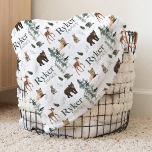 Personalized Woodland Animal Baby Name Custom Blanket Gift Idea For Baby Boy, Newborn Baby Woodland Animal Blanket Photo Prop, Deer Blanket