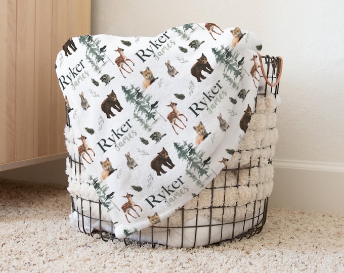 Personalized Woodland Animal Baby Name Custom Blanket Gift Idea For Baby Boy, Newborn Baby Woodland Animal Blanket Photo Prop, Deer Blanket