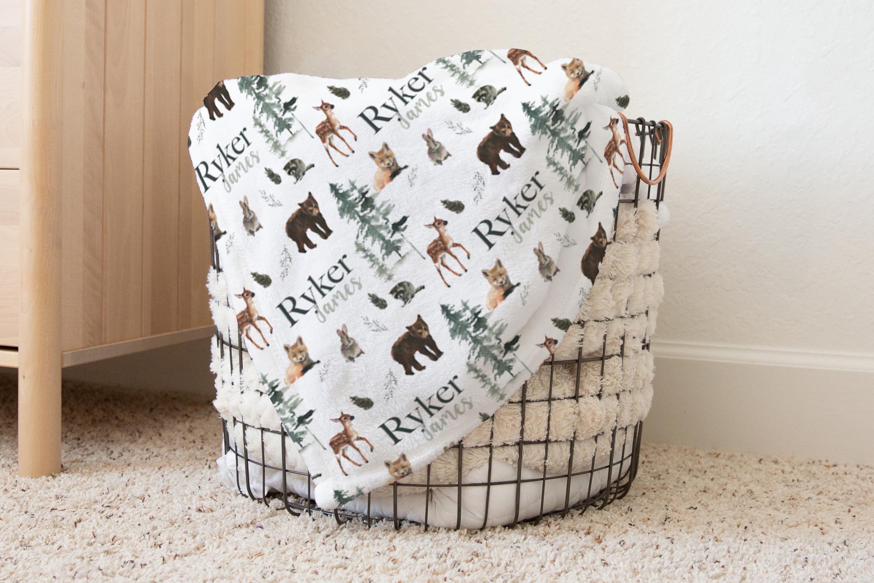Personalized Woodland Animal Baby Name Custom Blanket Gift Idea For Baby Boy, Newborn Baby Woodland Animal Blanket Photo Prop, Deer Blanket