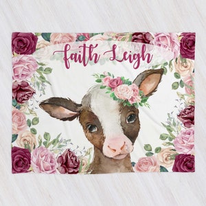 Cow Personalized Baby Girl Blanket, Baby Blanket, Name Baby Blanket,Cow Baby Gift, Farm Baby, Farm Blanket, Blanket Girl, Floral, Burgandy