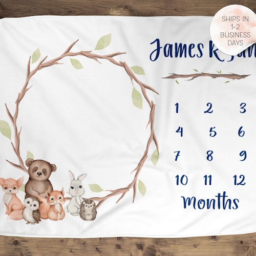 Woodland Milestone Blanket Boy Forest Animals Baby Milestone Etsy