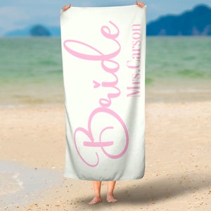 Personalized Bride Name Beach Towel, Mrs. Vacation Gift Idea, Summer Wedding, Maid of Honor, Bridesmaid Idea, Wife Towel, Her Marriage Gift