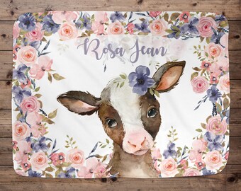 Cow Personalized Baby Girl Blanket, Baby Blanket, Name Baby Blanket,Cow Baby Gift, Farm Baby, Farm Blanket, Blanket Girl, Floral, Purple Cow