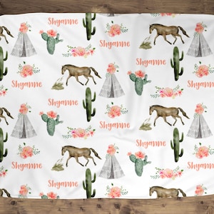 Western Floral Cactus Horse Personalized Girl Name Blanket, Name Baby Blanket, Baby Gift, Horse Blanket, Blanket Girl Floral, Girl Gift Idea
